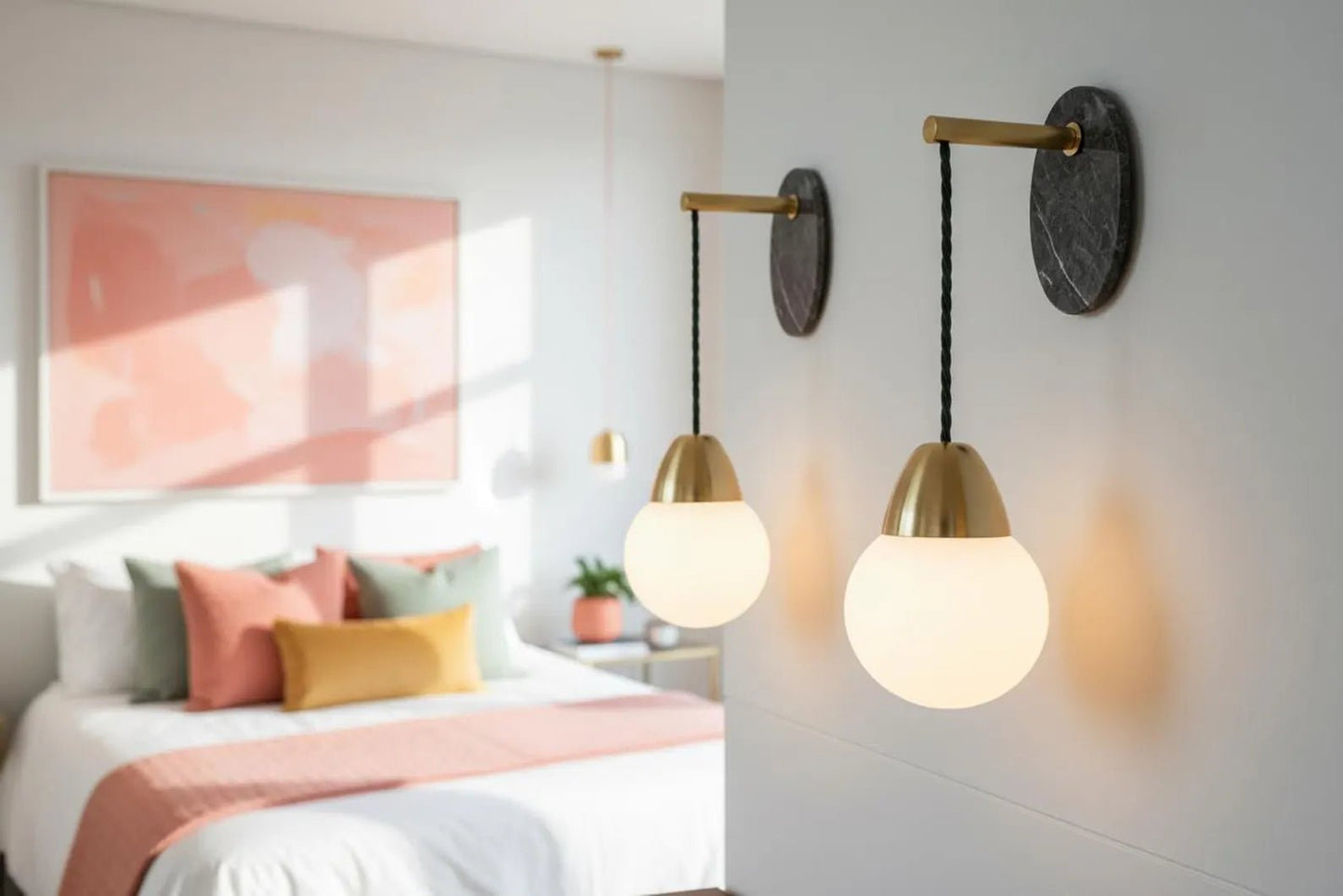 Modern bedroom with wall-mounted lights and a colorful abstract painting.