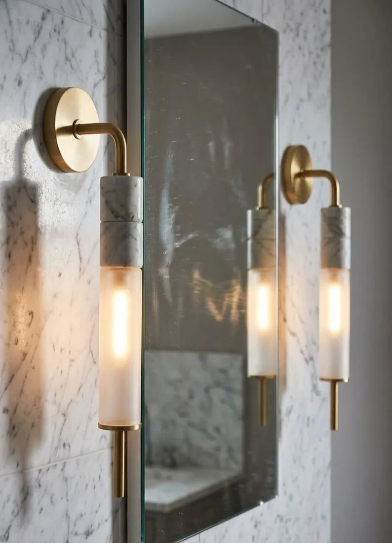 Brass Wall Sconce, Frosted Glass Wall Light, Marble Wall Sconce, Bathroom Vanity Light, Handmade Modern Lamp | Les Trois Pyramides