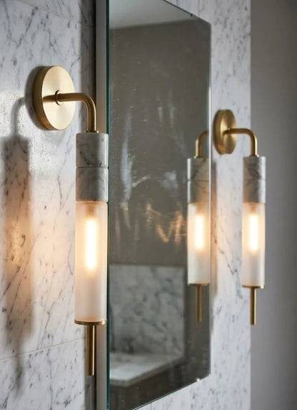 Brass Wall Sconce, Frosted Glass Wall Light, Marble Wall Sconce, Bathroom Vanity Light, Handmade Modern Lamp | Les Trois Pyramides