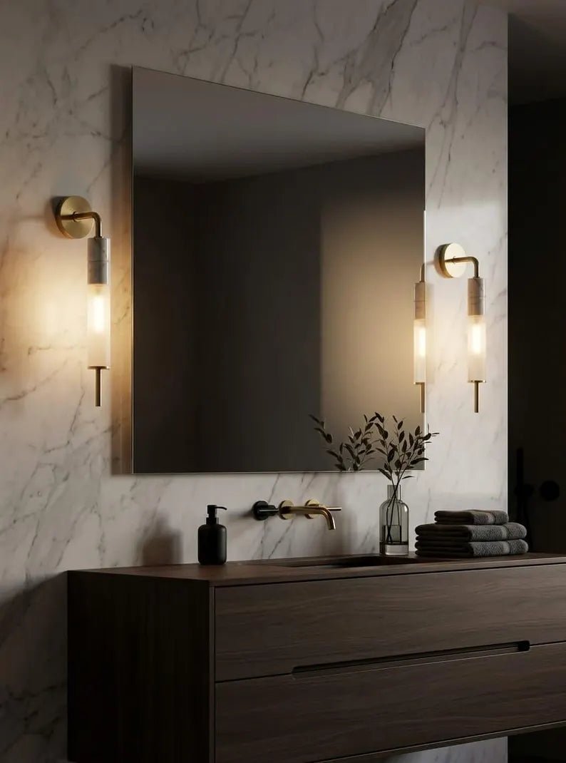 Brass Wall Sconce, Frosted Glass Wall Light, Marble Wall Sconce, Bathroom Vanity Light, Handmade Modern Lamp | Les Trois Pyramides