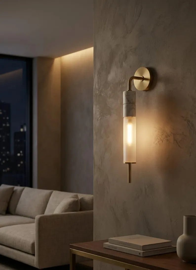 Brass Wall Sconce, Frosted Glass Wall Light, Marble Wall Sconce, Bathroom Vanity Light, Handmade Modern Lamp | Les Trois Pyramides