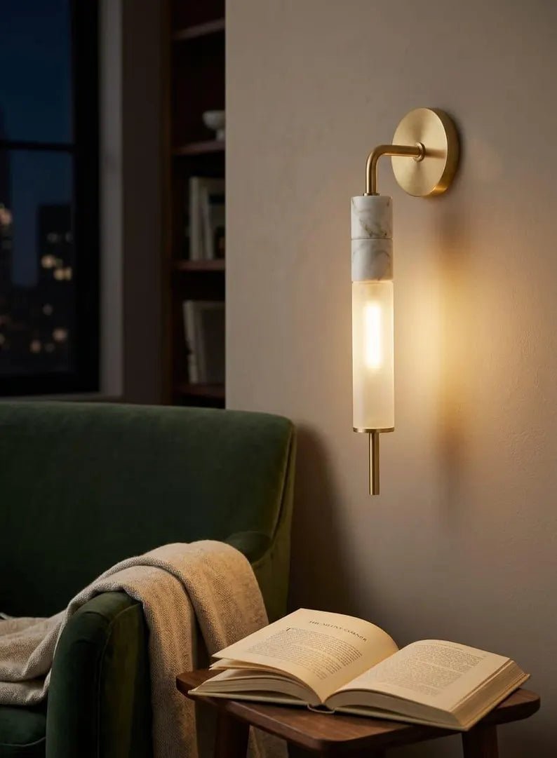 Brass Wall Sconce, Frosted Glass Wall Light, Marble Wall Sconce, Bathroom Vanity Light, Handmade Modern Lamp | Les Trois Pyramides
