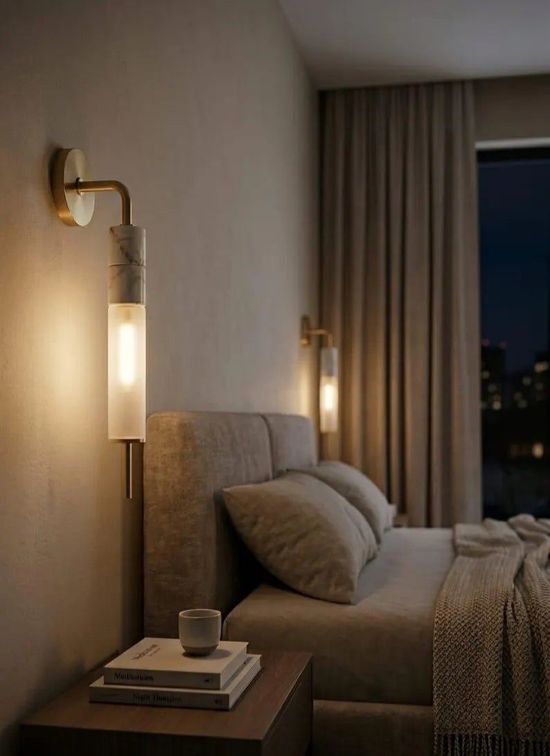 Brass Wall Sconce, Frosted Glass Wall Light, Marble Wall Sconce, Bathroom Vanity Light, Handmade Modern Lamp | Les Trois Pyramides