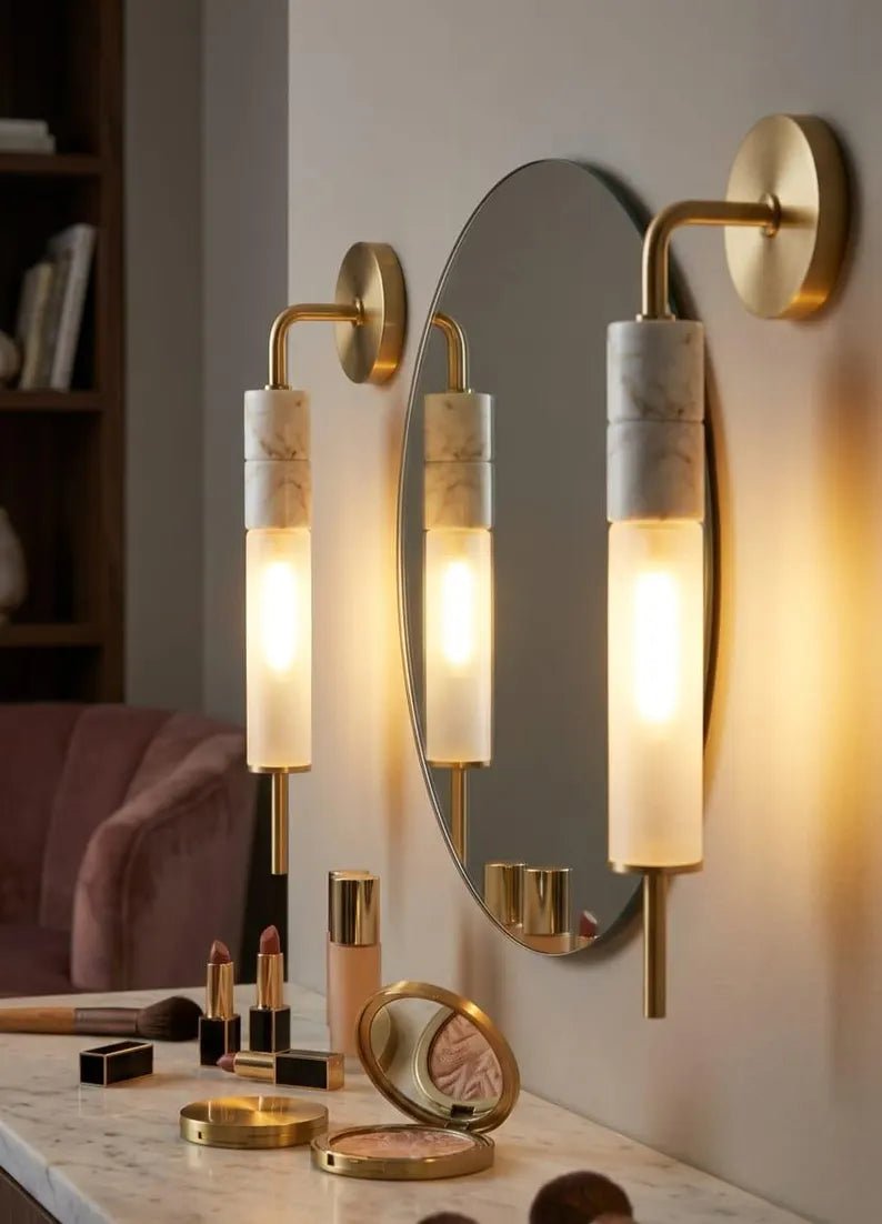 Brass Wall Sconce, Frosted Glass Wall Light, Marble Wall Sconce, Bathroom Vanity Light, Handmade Modern Lamp | Les Trois Pyramides