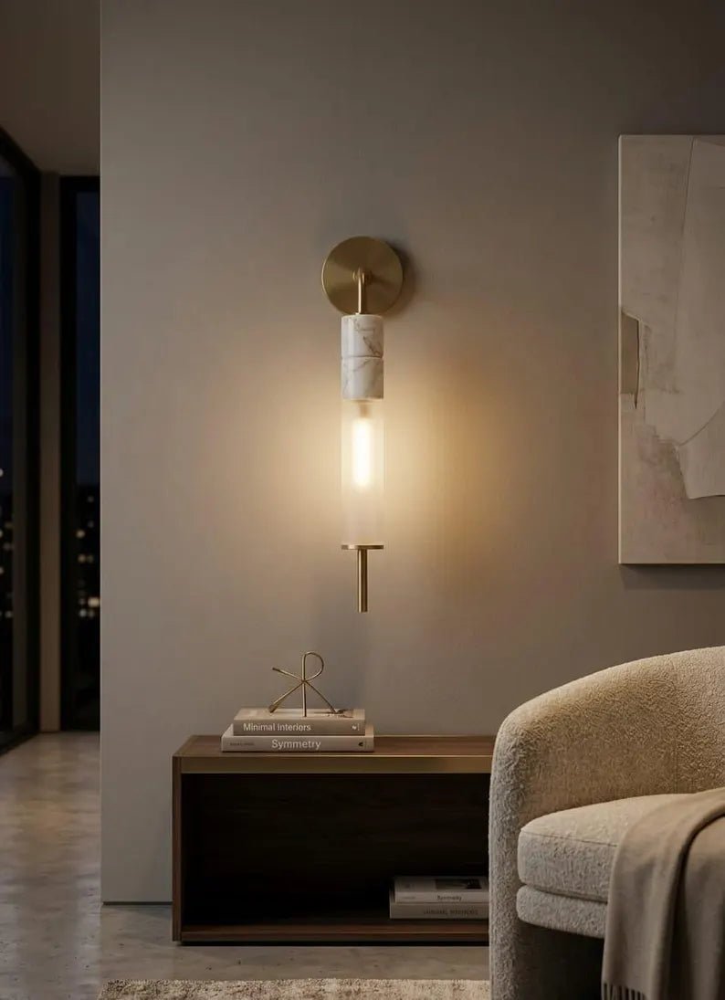 Brass Wall Sconce, Frosted Glass Wall Light, Marble Wall Sconce, Bathroom Vanity Light, Handmade Modern Lamp | Les Trois Pyramides