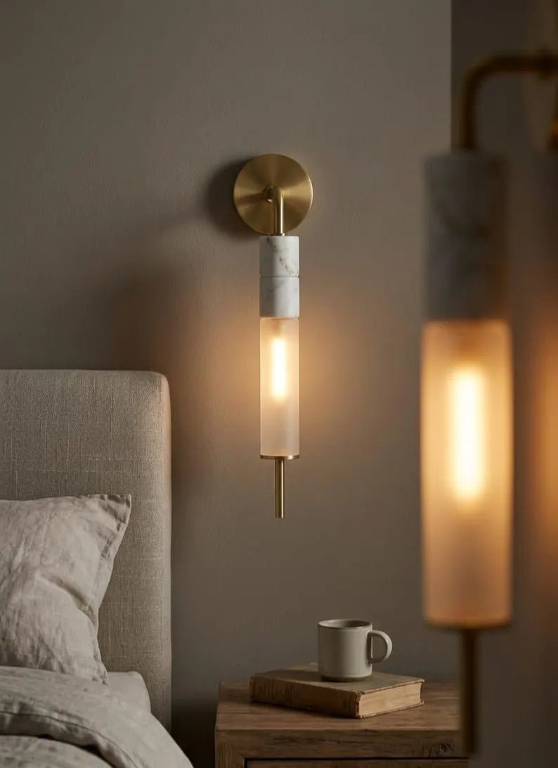 Brass Wall Sconce, Frosted Glass Wall Light, Marble Wall Sconce, Bathroom Vanity Light, Handmade Modern Lamp | Les Trois Pyramides
