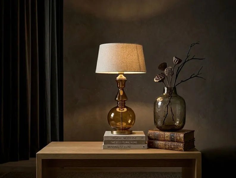 Brown Glass Table Lamp - Blown Glass Lamp - Handmade Bedside Lamp - Modern Table Light - Smoke Brown Glass Lamp | Les Trois Pyramides