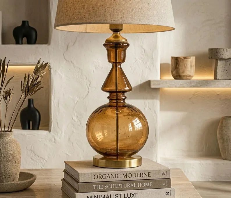 Brown Glass Table Lamp - Blown Glass Lamp - Handmade Bedside Lamp - Modern Table Light - Smoke Brown Glass Lamp | Les Trois Pyramides