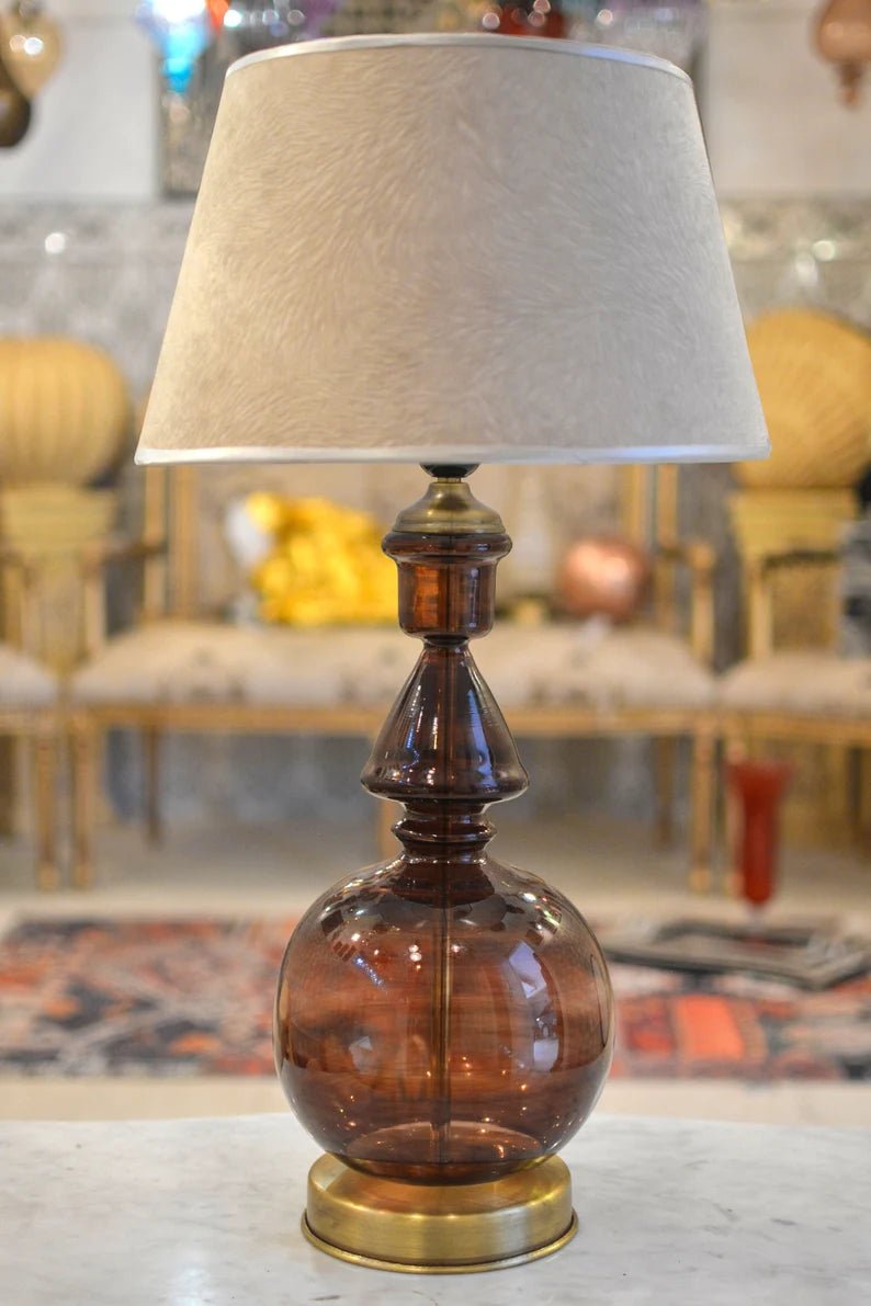 Brown Glass Table Lamp - Blown Glass Lamp - Handmade Bedside Lamp - Modern Table Light - Smoke Brown Glass Lamp | Les Trois Pyramides