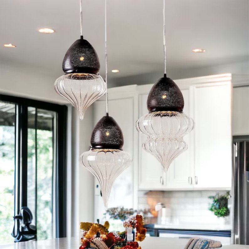 Ceiling Light Set of Three Blown Glass Light Pendants - Les Trois Pyramide