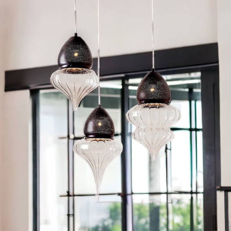 Ceiling Light Set of Three Blown Glass Light Pendants - Les Trois Pyramide