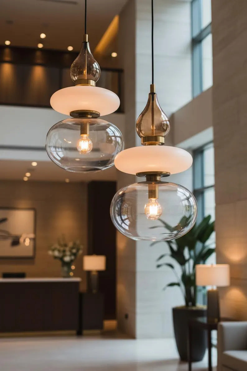 Modern Glass Pendant Light, Amber & Clear Hanging Lamp, Kitchen Island Lighting, Minimal Ceiling Light, Handmade Glass Pendant | Les Trois Pyramides