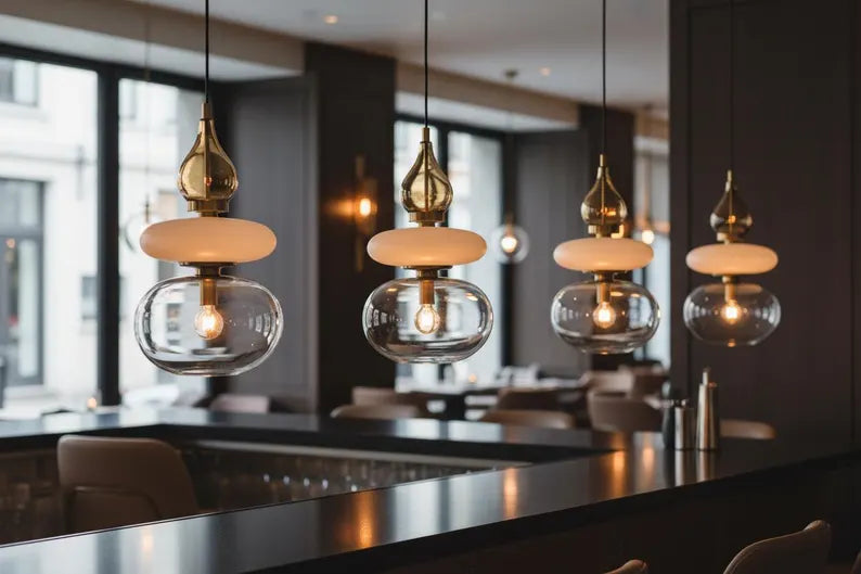 Modern Glass Pendant Light, Amber & Clear Hanging Lamp, Kitchen Island Lighting, Minimal Ceiling Light, Handmade Glass Pendant | Les Trois Pyramides