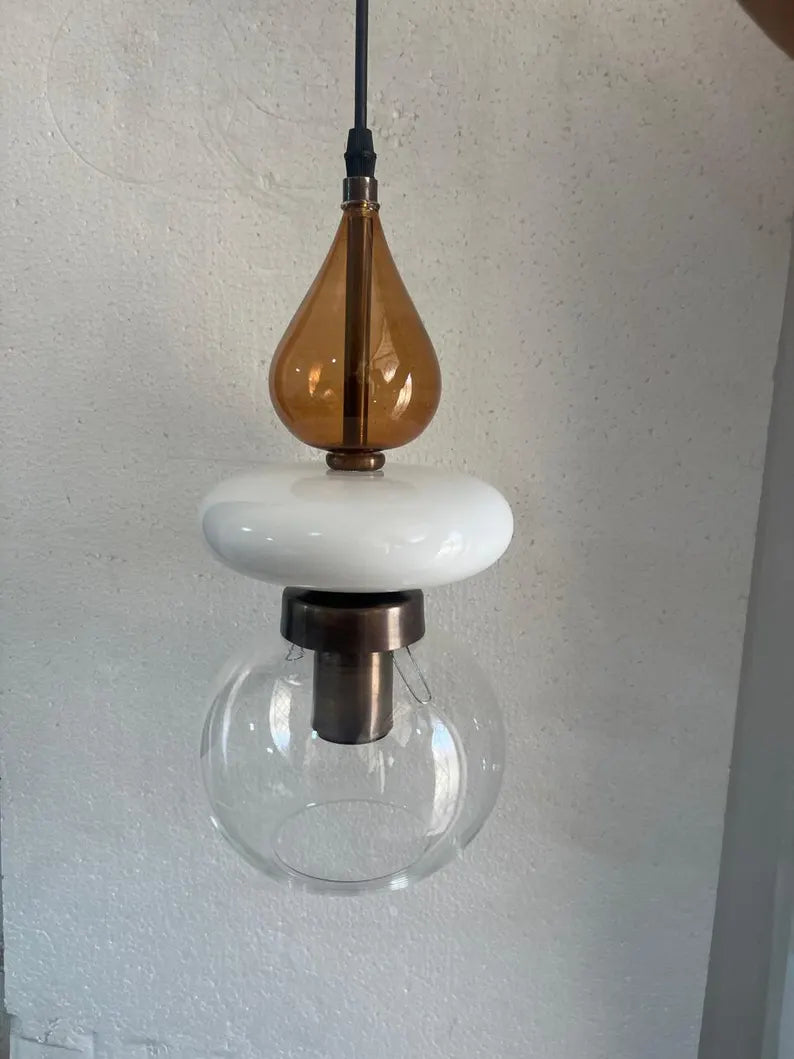Modern Glass Pendant Light, Amber & Clear Hanging Lamp, Kitchen Island Lighting, Minimal Ceiling Light, Handmade Glass Pendant | Les Trois Pyramides