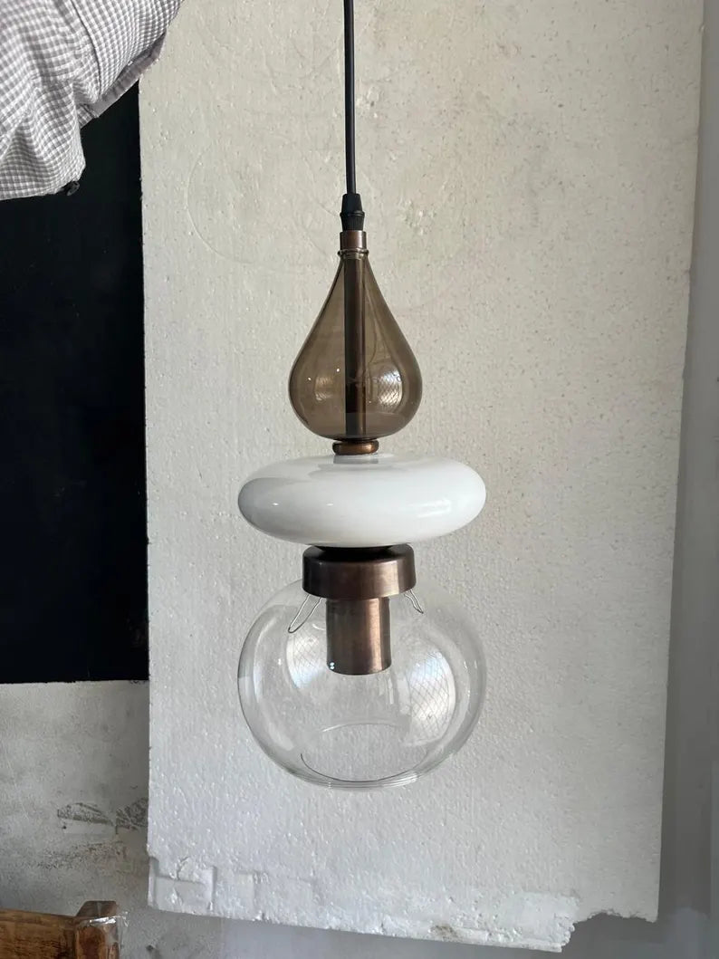 Modern Glass Pendant Light, Amber & Clear Hanging Lamp, Kitchen Island Lighting, Minimal Ceiling Light, Handmade Glass Pendant | Les Trois Pyramides