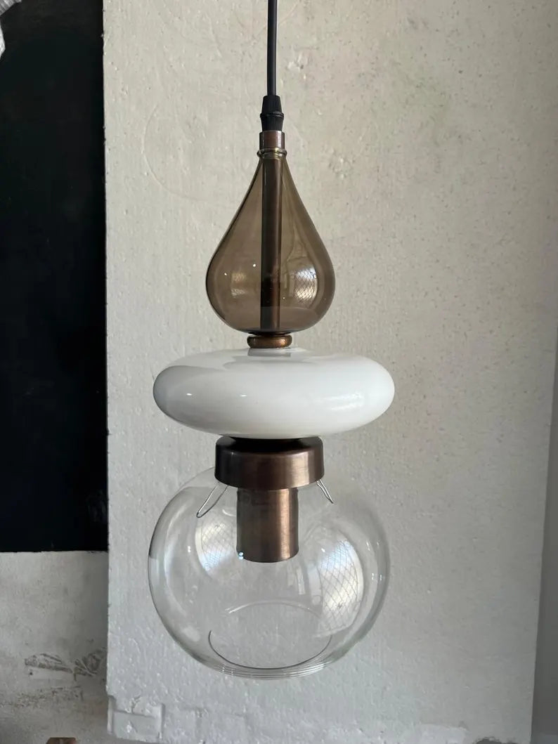 Modern Glass Pendant Light, Amber & Clear Hanging Lamp, Kitchen Island Lighting, Minimal Ceiling Light, Handmade Glass Pendant | Les Trois Pyramides