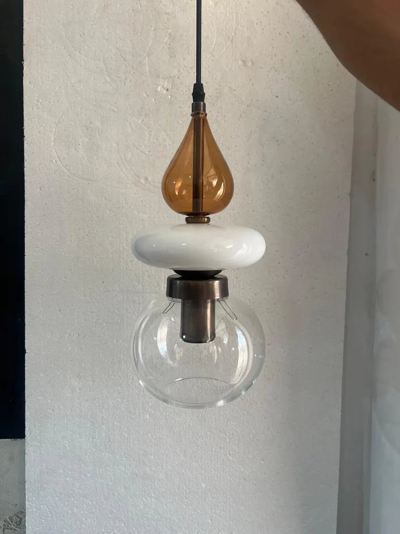 Modern Glass Pendant Light, Amber & Clear Hanging Lamp, Kitchen Island Lighting, Minimal Ceiling Light, Handmade Glass Pendant | Les Trois Pyramides