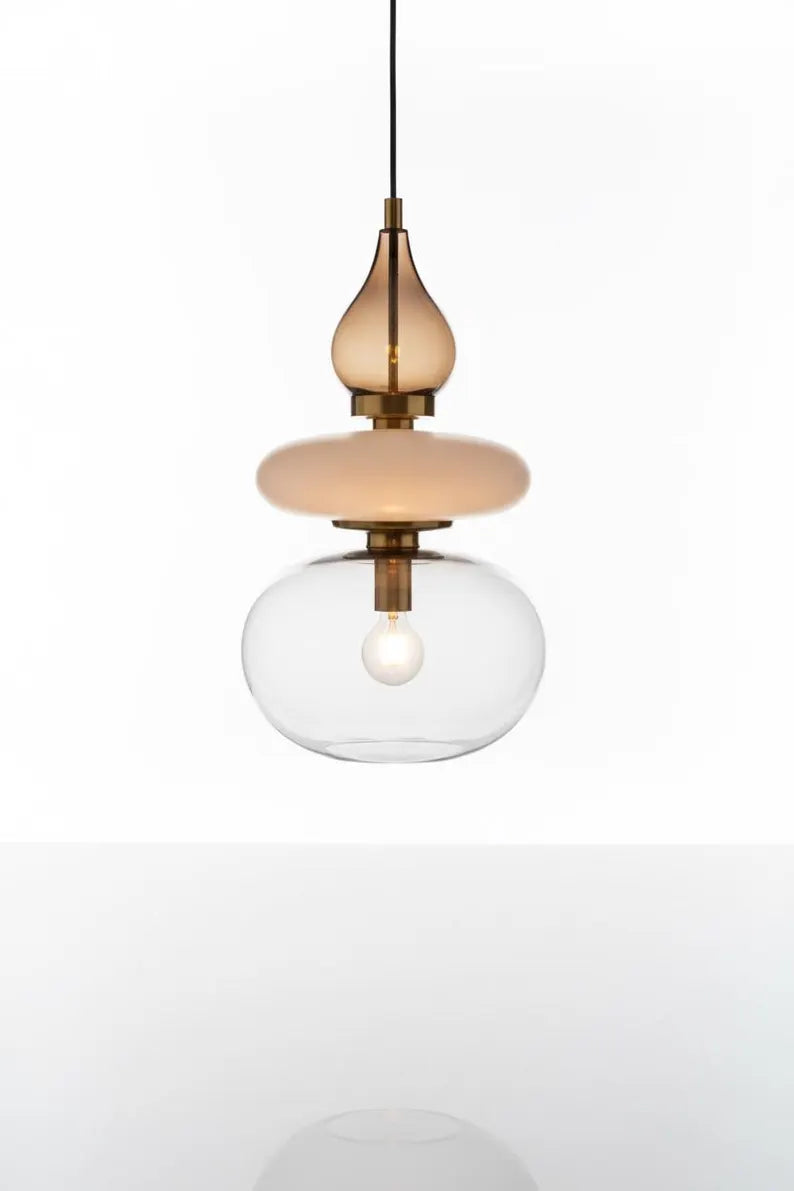 Modern Glass Pendant Light, Amber & Clear Hanging Lamp, Kitchen Island Lighting, Minimal Ceiling Light, Handmade Glass Pendant | Les Trois Pyramides