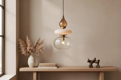 Modern Glass Pendant Light, Amber & Clear Hanging Lamp, Kitchen Island Lighting, Minimal Ceiling Light, Handmade Glass Pendant | Les Trois Pyramides