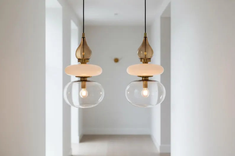 Modern Glass Pendant Light, Amber & Clear Hanging Lamp, Kitchen Island Lighting, Minimal Ceiling Light, Handmade Glass Pendant | Les Trois Pyramides