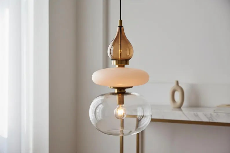 Modern Glass Pendant Light, Amber & Clear Hanging Lamp, Kitchen Island Lighting, Minimal Ceiling Light, Handmade Glass Pendant | Les Trois Pyramides