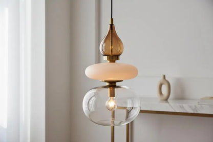 Modern Glass Pendant Light, Amber & Clear Hanging Lamp, Kitchen Island Lighting, Minimal Ceiling Light, Handmade Glass Pendant | Les Trois Pyramides