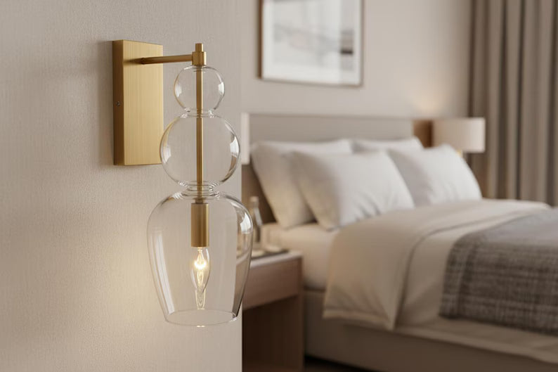 Clear Brass Wall Sconce – Blown Glass Bathroom Vanity Light, Art Deco Bedside Wall Lamp, – Modern Brass Bedside Wall Light Luxury | Les Trois Pyramides