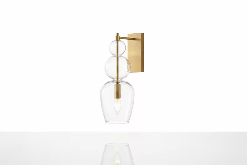 Clear Brass Wall Sconce – Blown Glass Bathroom Vanity Light, Art Deco Bedside Wall Lamp, – Modern Brass Bedside Wall Light Luxury | Les Trois Pyramides