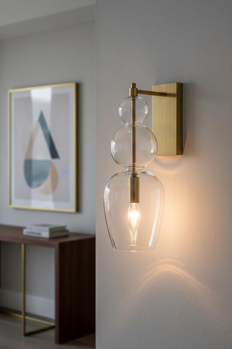 Clear Brass Wall Sconce – Blown Glass Bathroom Vanity Light, Art Deco Bedside Wall Lamp, – Modern Brass Bedside Wall Light Luxury | Les Trois Pyramides
