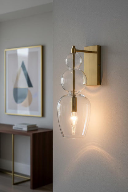 Clear Brass Wall Sconce – Blown Glass Bathroom Vanity Light, Art Deco Bedside Wall Lamp, – Modern Brass Bedside Wall Light Luxury | Les Trois Pyramides