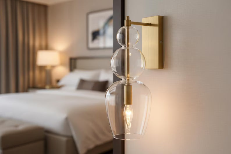 Clear Brass Wall Sconce – Blown Glass Bathroom Vanity Light, Art Deco Bedside Wall Lamp, – Modern Brass Bedside Wall Light Luxury | Les Trois Pyramides