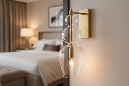 Clear Brass Wall Sconce – Blown Glass Bathroom Vanity Light, Art Deco Bedside Wall Lamp, – Modern Brass Bedside Wall Light Luxury | Les Trois Pyramides