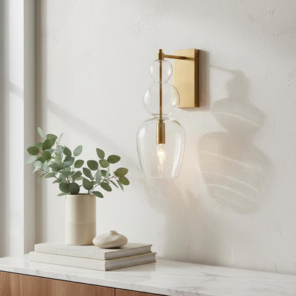 Clear Brass Wall Sconce – Blown Glass Bathroom Vanity Light, Art Deco Bedside Wall Lamp, – Modern Brass Bedside Wall Light Luxury | Les Trois Pyramides