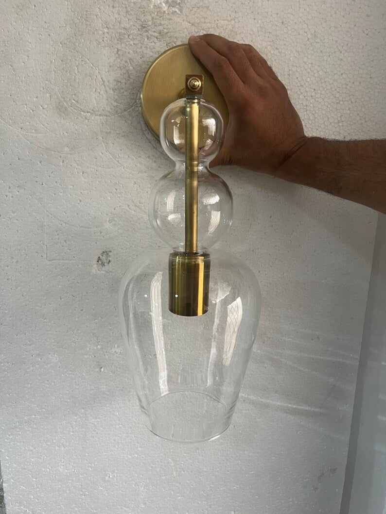 Clear Brass Wall Sconce – Blown Glass Bathroom Vanity Light, Art Deco Bedside Wall Lamp, – Modern Brass Bedside Wall Light Luxury | Les Trois Pyramides