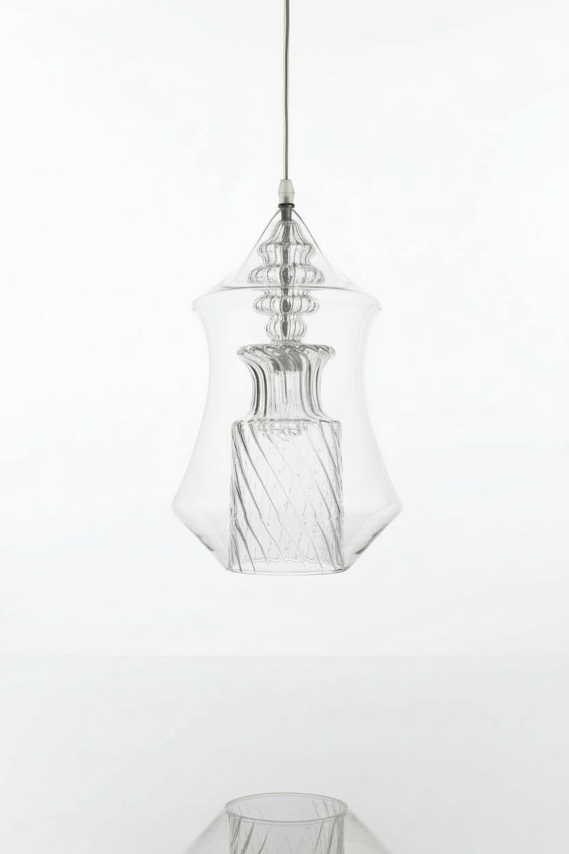 Clear Hand-Blown Glass Pendant Light – Twisted Pattern Brass Ceiling Fixture for Kitchen Island