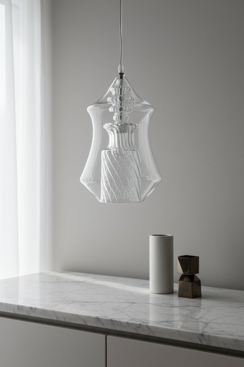 Clear Hand-Blown Glass Pendant Light – Twisted Pattern Brass Ceiling Fixture for Kitchen Island