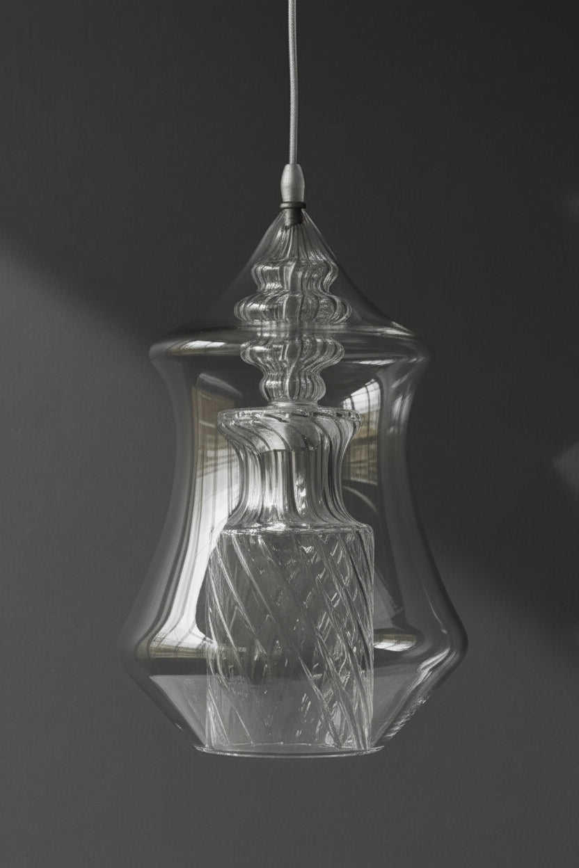 Clear Hand-Blown Glass Pendant Light – Twisted Pattern Brass Ceiling Fixture for Kitchen Island