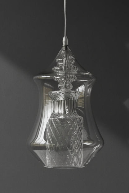 Clear Hand-Blown Glass Pendant Light – Twisted Pattern Brass Ceiling Fixture for Kitchen Island