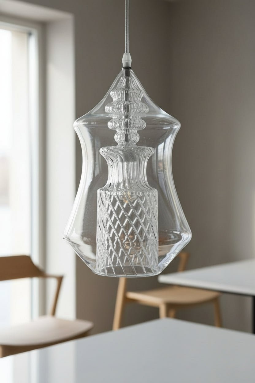 Clear Hand-Blown Glass Pendant Light – Twisted Pattern Brass Ceiling Fixture for Kitchen Island