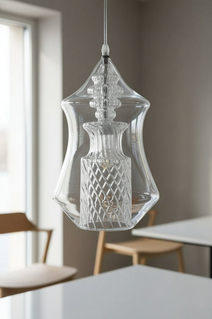 Clear Hand-Blown Glass Pendant Light – Twisted Pattern Brass Ceiling Fixture for Kitchen Island