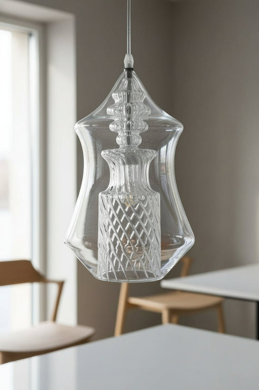 Clear Hand-Blown Glass Pendant Light – Twisted Pattern Brass Ceiling Fixture for Kitchen Island