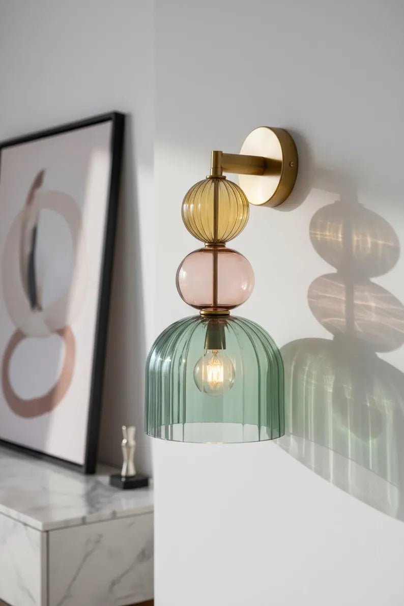 Colored Modern Glass Wall Sconce – Bedside Wall Lighting – Living Room Accent Wall Light – Hallway Entryway Décor – Boutique Hotel Wall Lamp | Les Trois Pyramides 