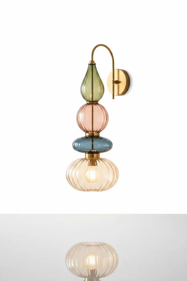 Glass Wall Sconce Light, Handmade Brass Wall Lamp, Modern Bathroom Vanity Lighting, Colored Glass Wall Fixture, Bedside Light | Les Trois Pyramides 
