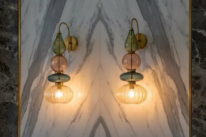 Glass Wall Sconce Light, Handmade Brass Wall Lamp, Modern Bathroom Vanity Lighting, Colored Glass Wall Fixture, Bedside Light | Les Trois Pyramides 
