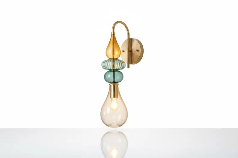 Hand Blown Glass Wall Sconce Light – Brass Wall Lamp with Colorful Glass – Handmade Bathroom Vanity Light – Modern Artistic Wall Lighting | Les Trois Pyramides