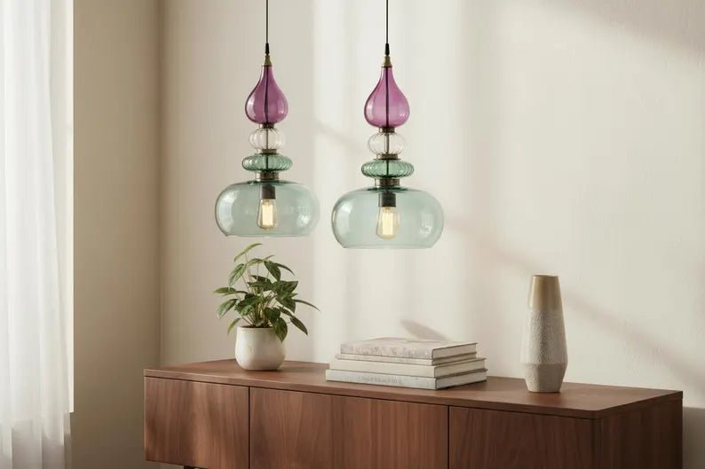 Colorful Glass Pendant Light | Mid-Century Modern Kitchen Island Lighting | Modern Colorful Hanging Lamp | Style Kitchen Island Lighting | Les Trois Pyramides