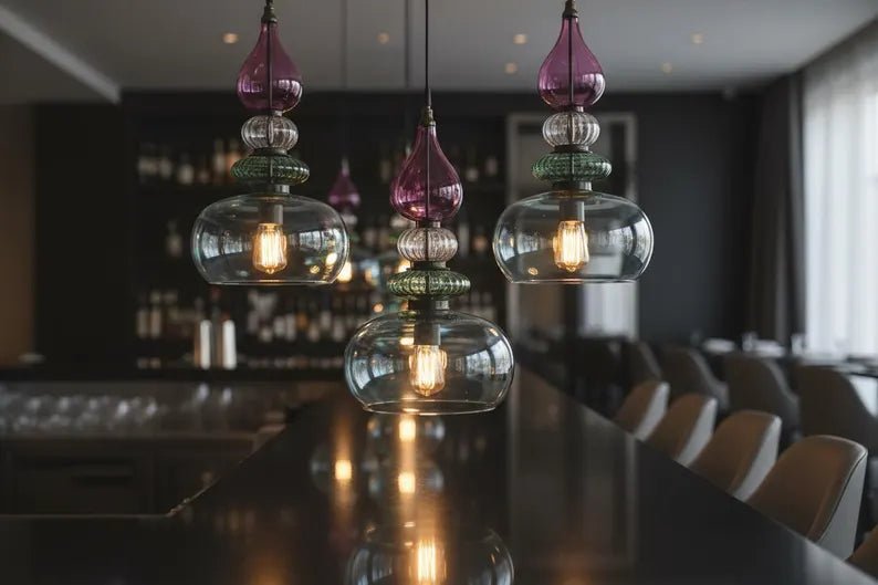 Colorful Glass Pendant Light | Mid-Century Modern Kitchen Island Lighting | Modern Colorful Hanging Lamp | Style Kitchen Island Lighting | Les Trois Pyramides