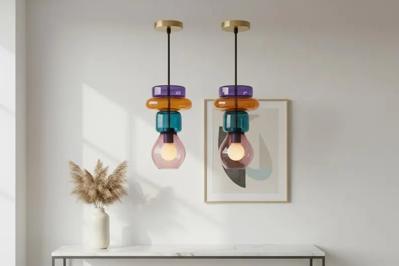 Modern Glass Pendant Light | Hanging Ceiling Lamp for Kitchen Island & Living Room | Designer Glass Light Fixture | Les Trois Pyramides 