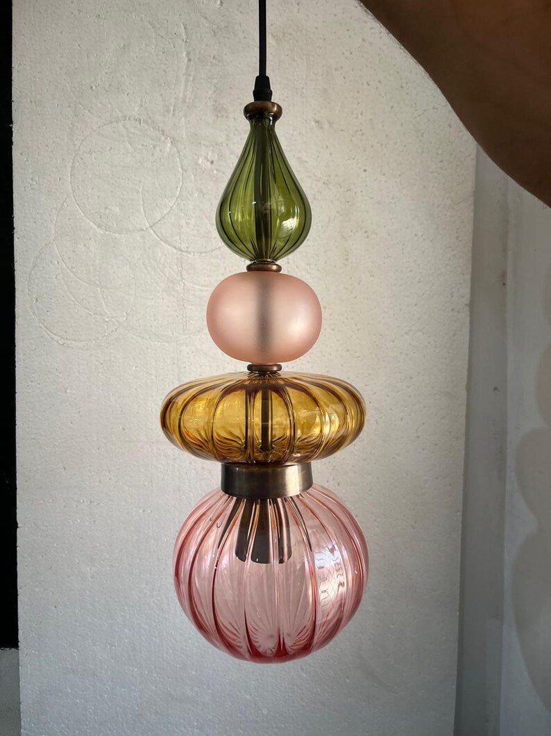 Colorful Glass Pendant Light, Modern Statement Lighting, Pink Green Hanging Lamp, Kitchen Island Light, Unique Ceiling Light | Les Trois Pyramides