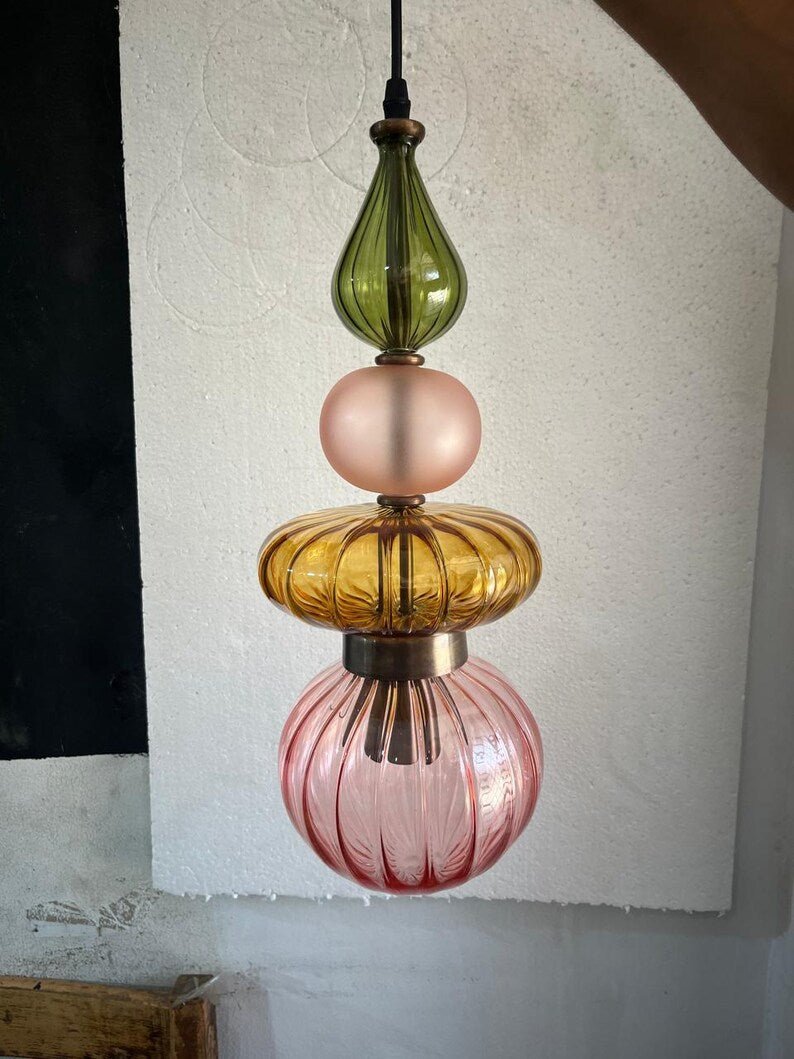 Colorful Glass Pendant Light, Modern Statement Lighting, Pink Green Hanging Lamp, Kitchen Island Light, Unique Ceiling Light | Les Trois Pyramides